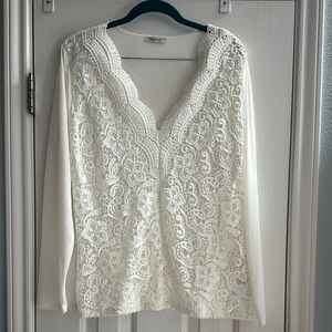 Orsay Ivory Cream Lace Long Sleeve Blouse Women’s 14 (EU XL) V-Neck Casual Boho